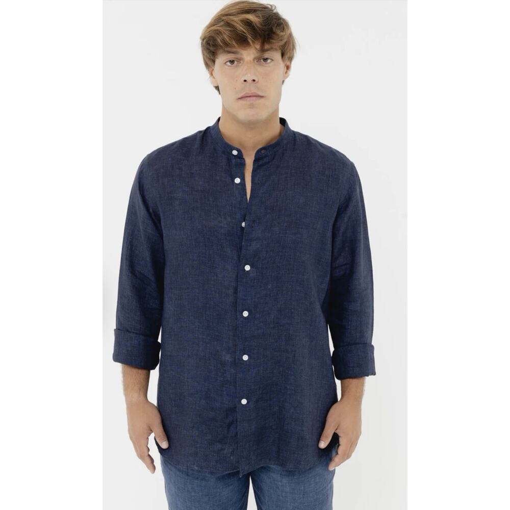 Santoli‎ Napoli Linen Blue Long Sleeve Shirt L Mandarin Collar Italy Preppy
